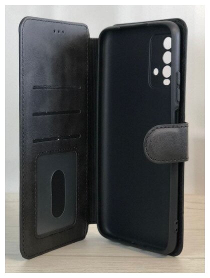 Чехол книжка для Xiaomi Redmi 9T кожаный черный с магнитной застежкой / Чехол книжка подставка на застежке с визитницей