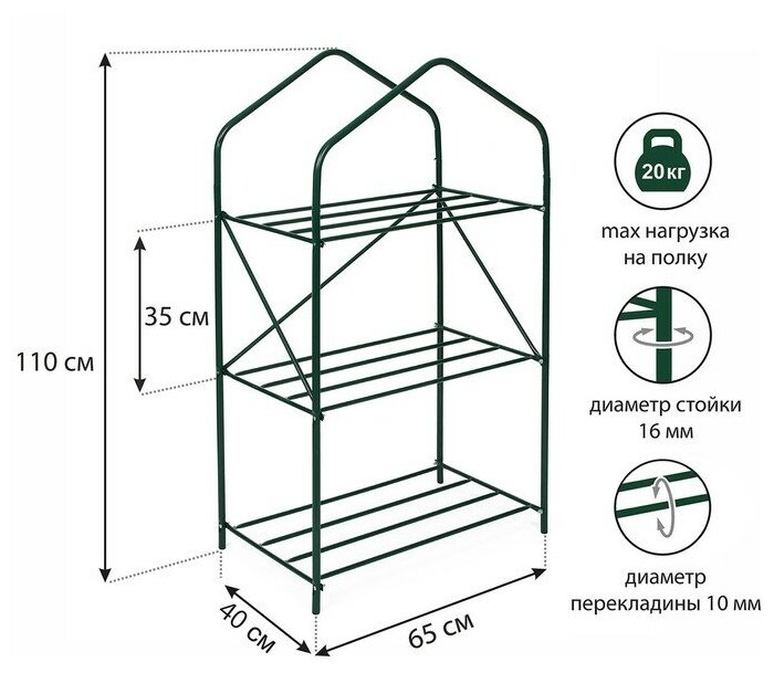 Парник-стеллаж, 3 полки, 110 × 65 × 40 см, металлический каркас d = 16 мм, чехол-плёнка 100 мкм - фотография № 1