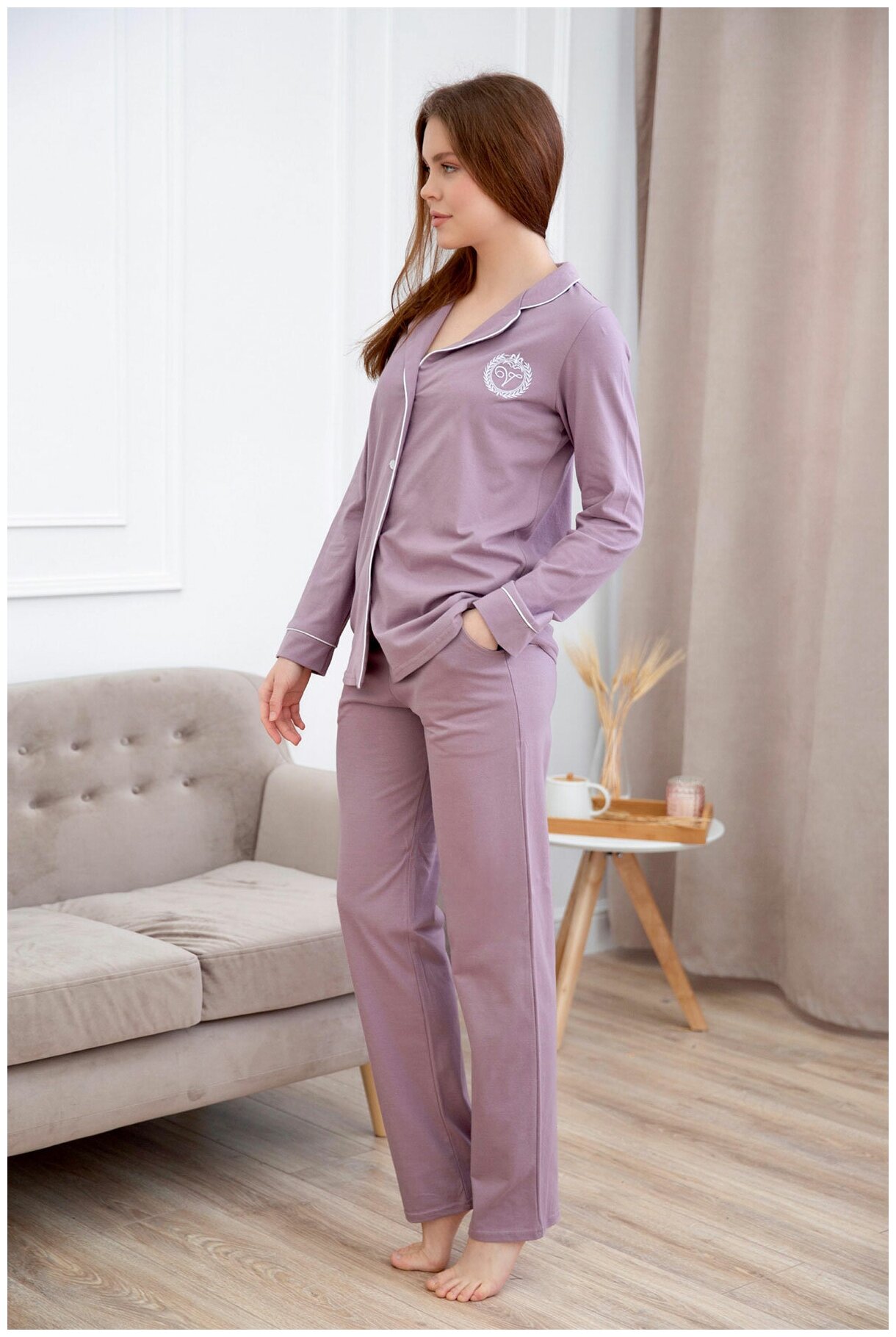 Женская пижама Валерия Розовый размер 54 Кулирка Лика Дресс рубашка с застежкой на пуговицы отложным воротником брюки прямые с карманами - фотография № 4