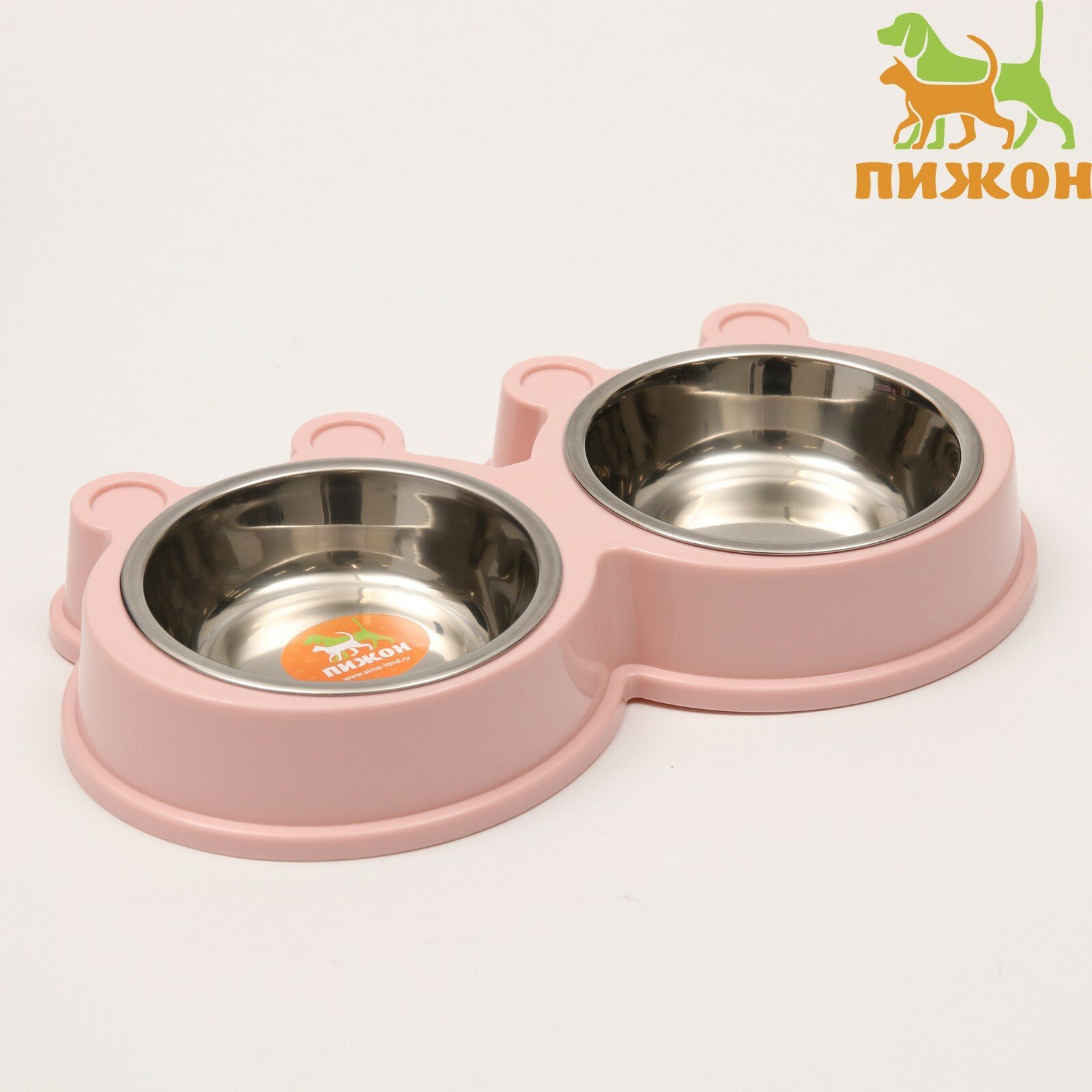 фото Миска металлическая двойная на пластиковой основе 2 х 400 мл, 28 х 15,5 х 4 см, розовая