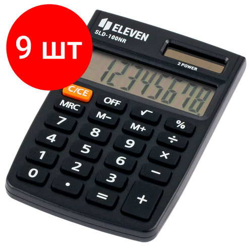 Комплект 9 шт, Калькулятор карманный Eleven SLD-100NR, 8 разрядов, двойное питание, 58*88*10мм, черный