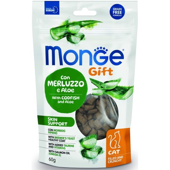 Лакомство Monge Gift Skin support для кошек Хрустящие подушечки с начинкой с треской и алоэ вера для здоровой кожи 60 г