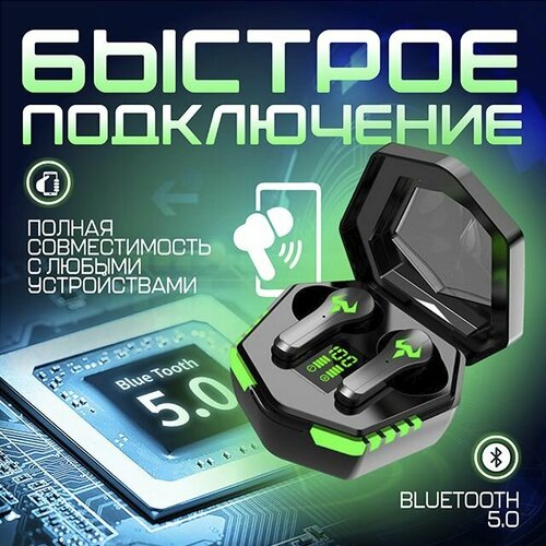 Наушники беспроводные игровые N35 с подсветкой и цифровым индикатором заряда для каждого наушника Bluetooth 53 HD микрофон Hi-Fi звук с низкой задержкой Черные 890₽