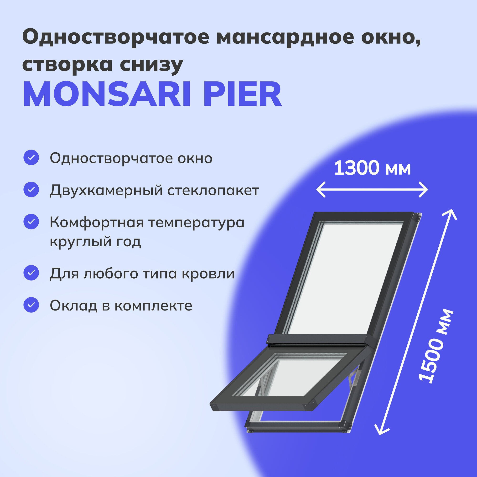 Мансардное окно Monsari Pier из профиля Rehau 1300x1500 мм (ШхВ), комбинированное - створка снизу, с окладом для монтажа