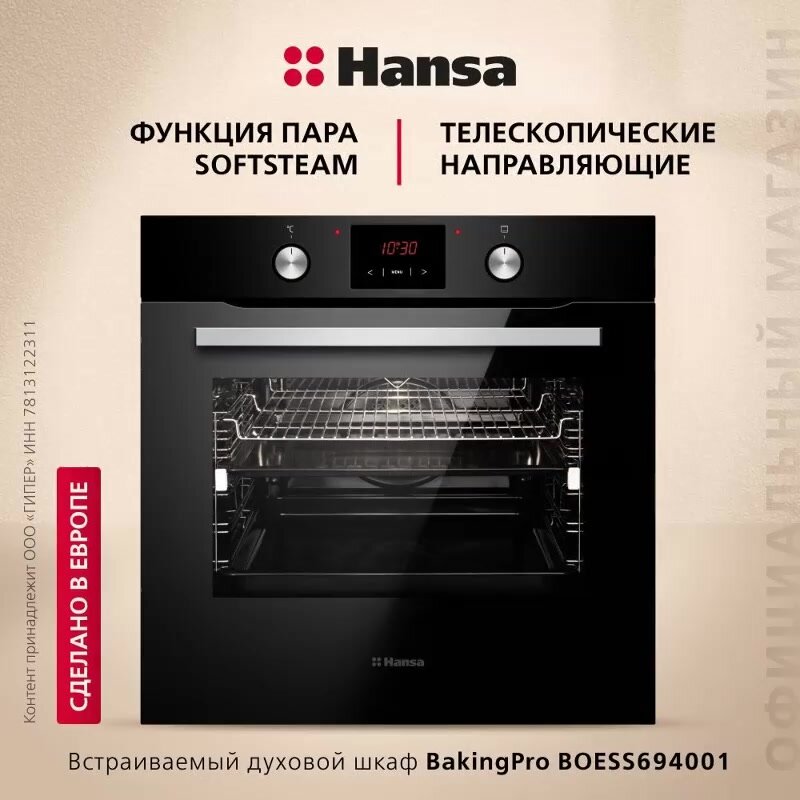 Электрический духовой шкаф Hansa BOESS694001, встраиваемый, 60 см, 77 л, 11 режимов, с таймером, грилем и конвекцией, черный — фото 1