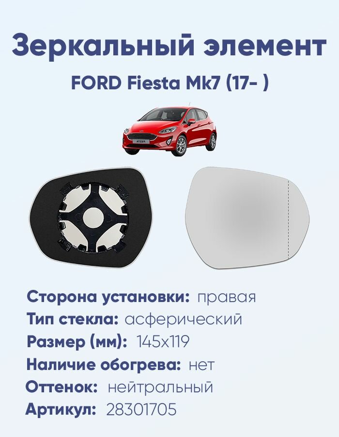 Зеркальный элемент правый FORD Fiesta Mk7 (17- ) асферика нейтральный без обогрева