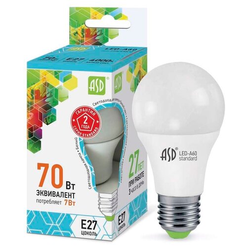 фото Лампа светодиодная led-a60-standard 7вт грушевидная 4000к бел. e27 630лм 160-260в asd 4690612001678 (упаковка 10 шт)