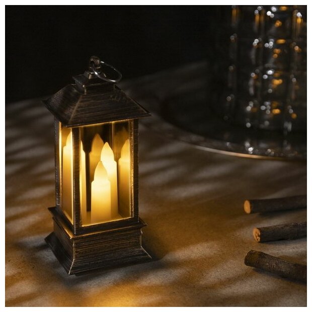 Светодиодная фигура "Бронзовый фонарь со свечками" 5.5 x 13 x 5.5 см, пластик, батарейки AG13х3, свечение тёплое белое