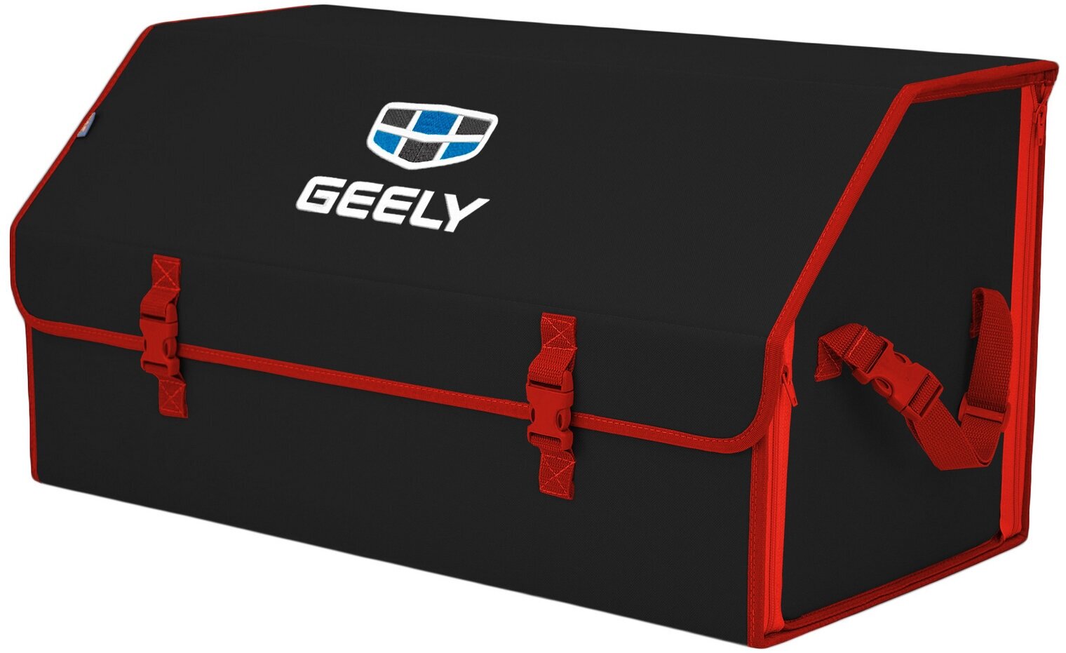 Органайзер-саквояж в багажник "Союз" (размер XL Plus). Цвет: черный с красной окантовкой и вышивкой Geely (Джили).