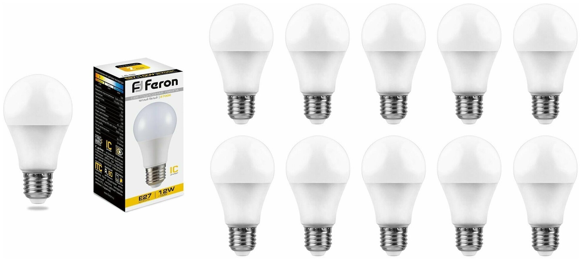 25489 Лампа светодиодная Feron LB-93 Груша E27 12W 2700K, упаковка 10шт