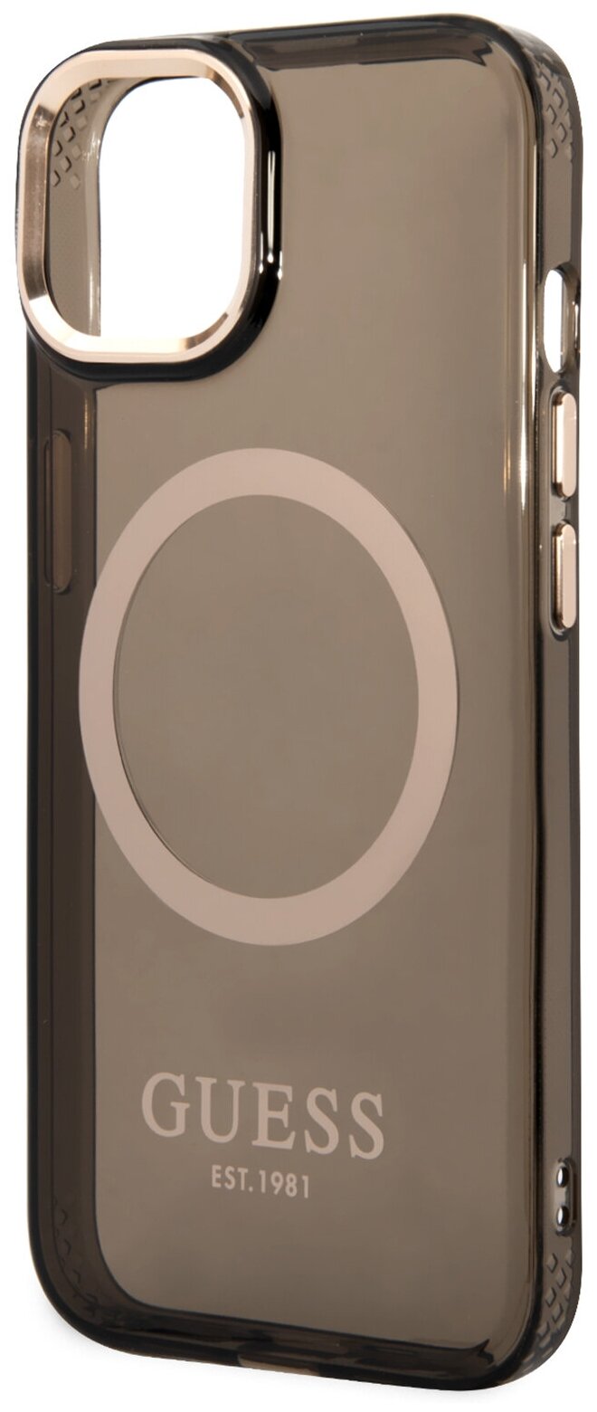 Guess для iPhone 14 чехол PC/TPU Metal outline Hard Translucent Black/Gold(Magsafe)