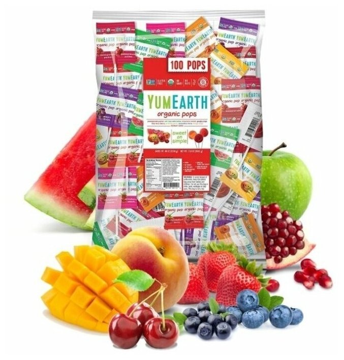 Органические леденцы на палочке YumEarth Organic Fruit Pops, Ассорти, 8 фруктовых вкусов, 100 леденцов - фотография № 13