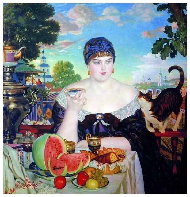 Репродукция на холсте Купчиха за чаем (Merchant's Wife at Tea) Кустодиев Борис 50см. x 52см.