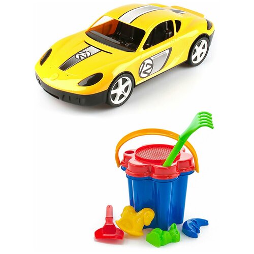 фото Игрушки для песочницы для снега детский автомобиль (молния) желтый + песочный набор цветок, каролина тойз karolina toys