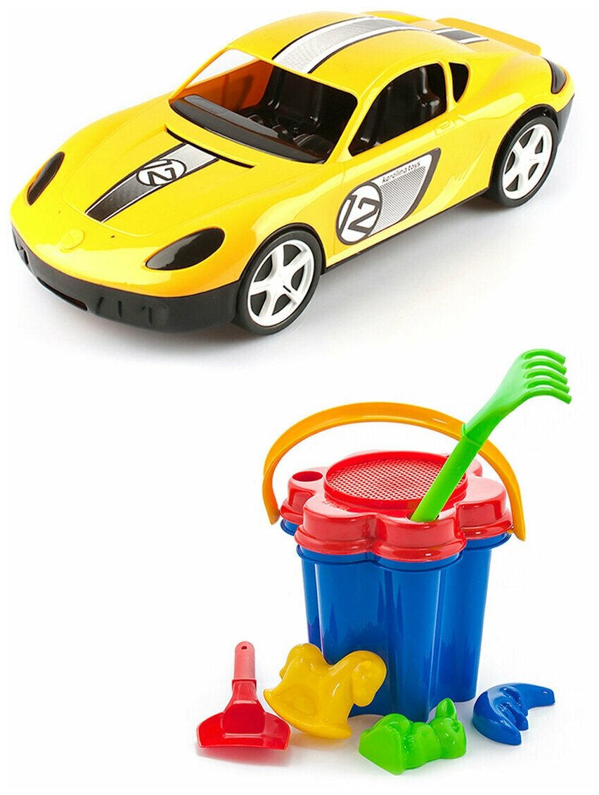 Игрушки для песочницы для снега Детский автомобиль (Молния) желтый + Песочный набор Цветок