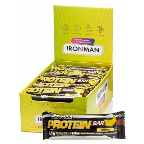 Протеиновый батончик IRONMAN Protein Bar, 50 г, банан батончик протеиновый ironman protein bar арахис карамель 50 г