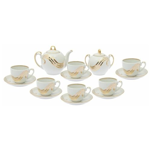 фото Сервиз чайный «гармония. золотая волна», 14 предметов: чайник 700 мл, 6 чашек 200 мл, 6 блюдец d=14 cм, сахарница 450 мл mikimarket