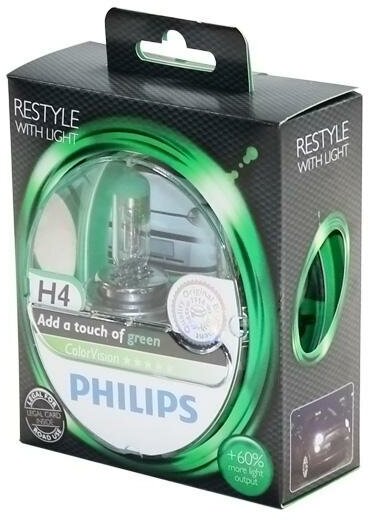 Лампа галогенная H4 12В 60/55 Вт Р43t Color Vision зеленый (2шт) Philips