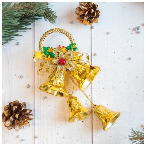 фото Украшение новогоднее "колокольчики на кольце с цветком" 9х22 см, золото зимнее волшебство