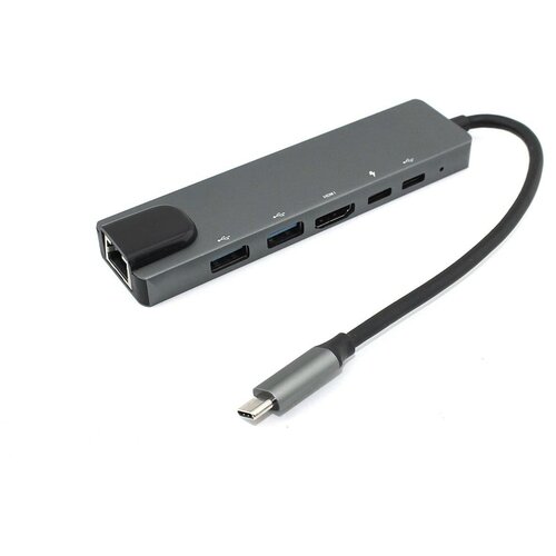 Адаптер Type C на HDMI, USB 3.0*2 + RJ45 + Type C*2 серый