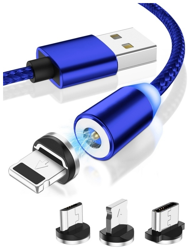 Магнитный USB-кабель для зарядки смартфона с 3-мя разъемами (microusb, type C, Lightning) . 3 в 1. Цвет: Синий