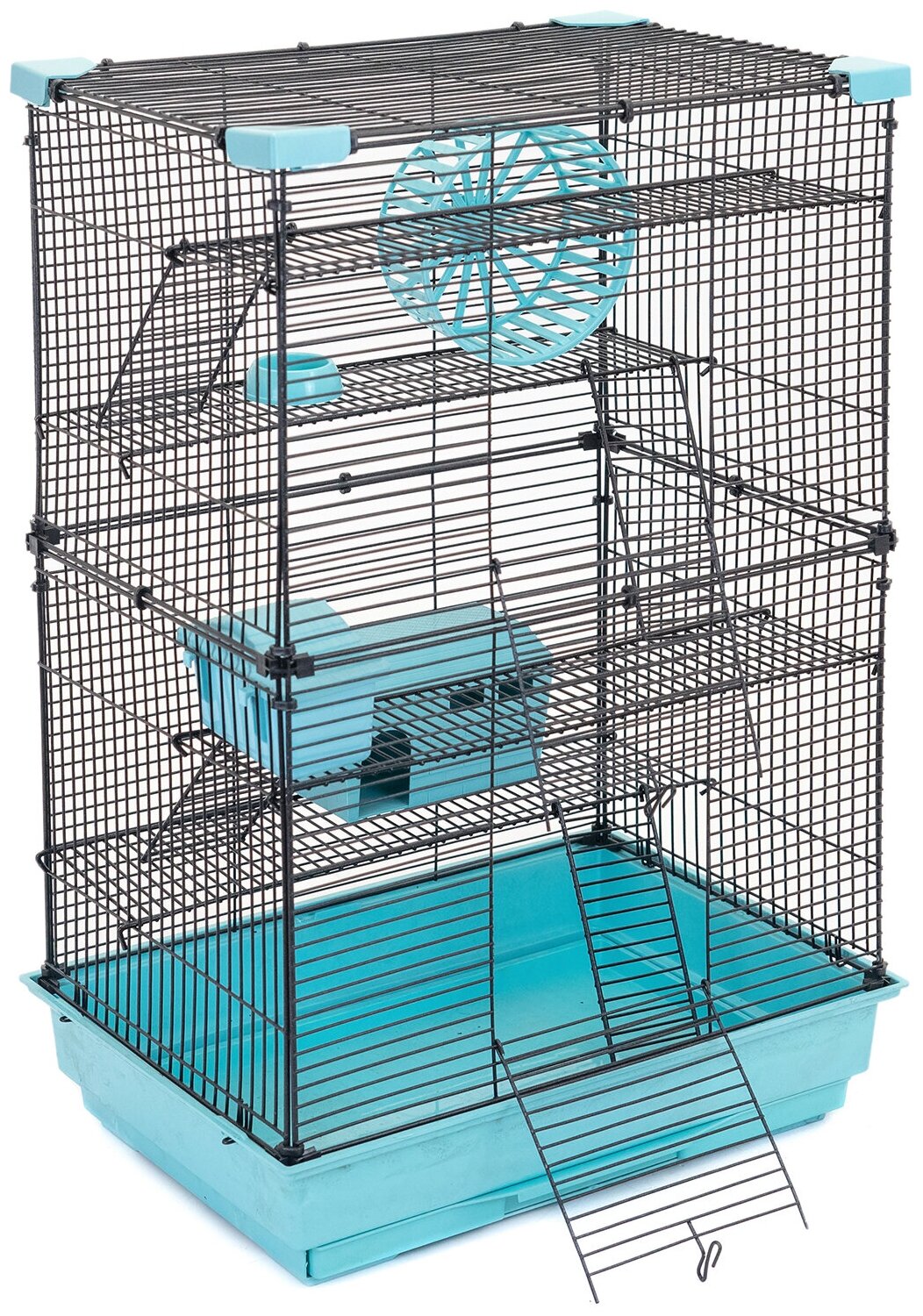 Клетка для грызунов 42 х 30 х 65см "PetTails" Cooper 4 этажа, разборная, шаг прута 10,5мм, (+2 домика,2 колеса,миска) бирюзовая - фотография № 3