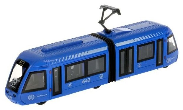 Технопарк Трамвай с резинкой 30 см свет, звук, синий пластик 307903 с 3 лет