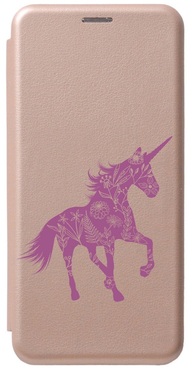 Чехол-книжка на Infinix Smart 6 HD / Инфиникс Смарт 6 ХД с 3D принтом "Floral Unicorn" золотой