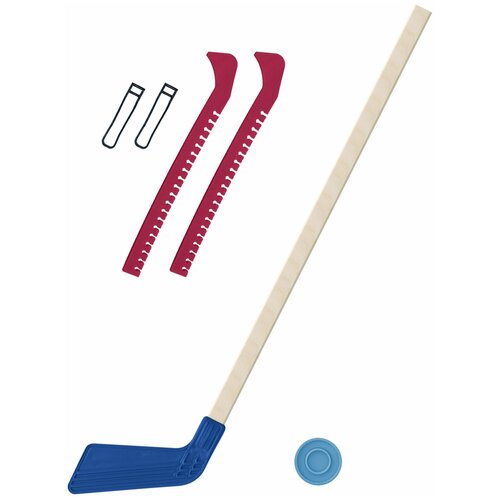 фото Набор зимний: клюшка хоккейная синяя 80 см.+шайба + чехлы для коньков красные, задира-плюс