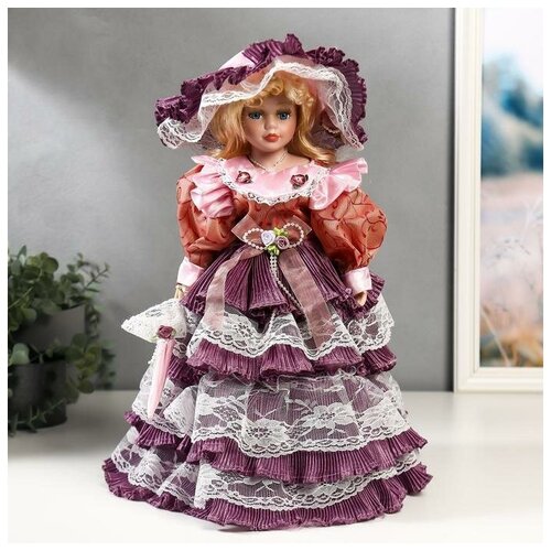 Кукла коллекционная керамика Леди Оливия в платье цвета пыльная роза 40 см
