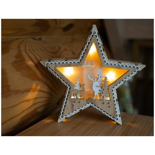 Светящаяся новогодняя декорация оленья звезда, дерево, тёплые белые LED-огни, 21 см, батарейки, Peha Magic PT-96870