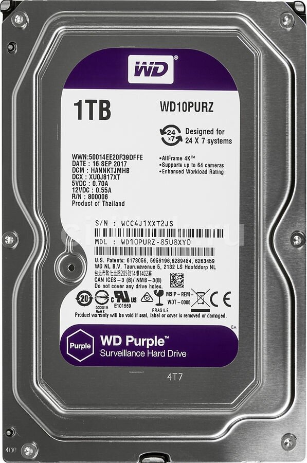 Жесткий диск SATA3 1Tb 64Mb Western Digital WD10PURX Purple Video