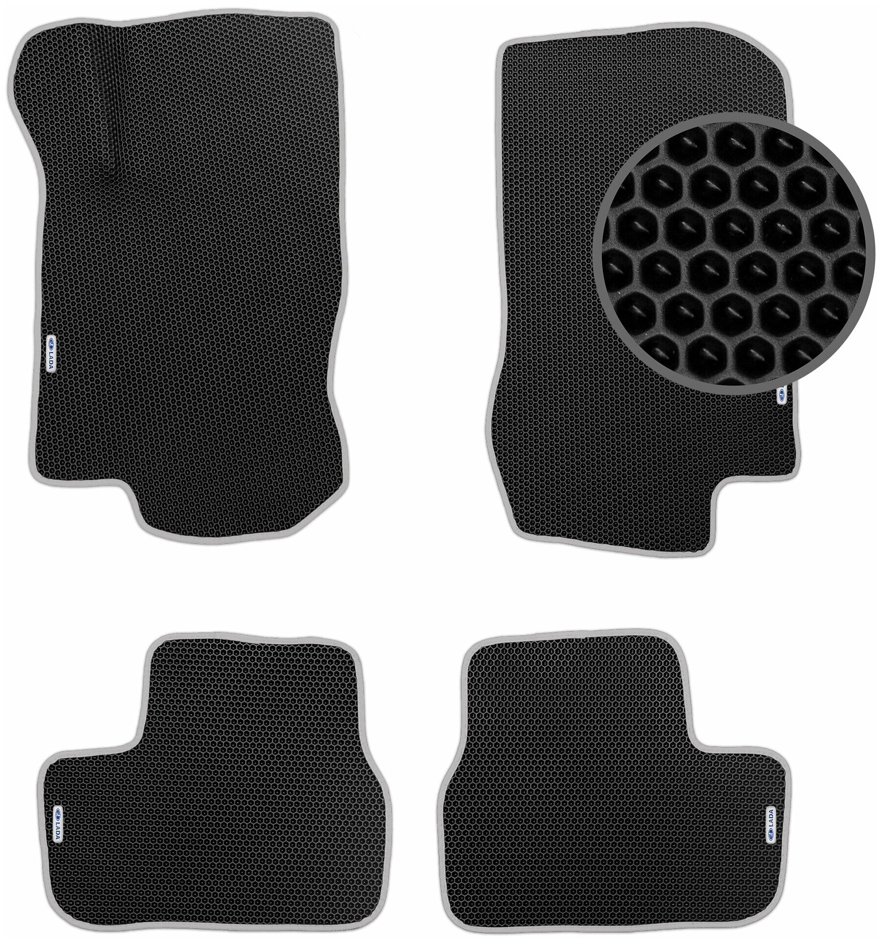 EVA коврики автомобильные для Lada Granta 2011-2021, без перемычки, с логотипами, черные с серой окантовкой (Лада Гранта)