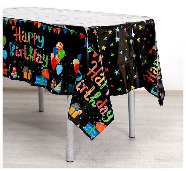 фото Скатерть "С днём рождения", 137 х 183 см, чёрная / 9213124