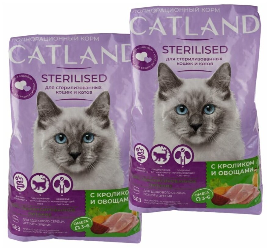 Сухой корм для стерилизованных кошек Catland с кроликом и овощами, упаковка 2 шт х 350 г - фотография № 1