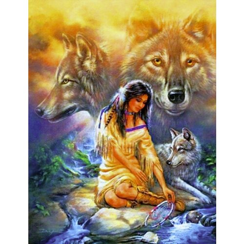 Алмазная мозаика на холсте с подрамником (картина стразами) 40х50 Девушка с волком
