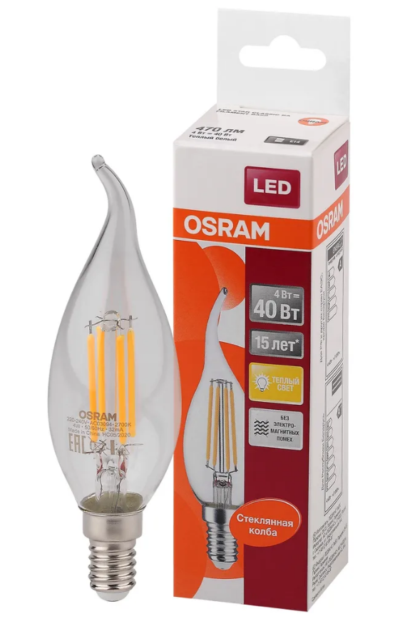 Лампа филаментная OSRAM LED Star, 600лм, 5Вт, 4000К, дневной свет, Цоколь E14, светодиодная, Свеча на ветру