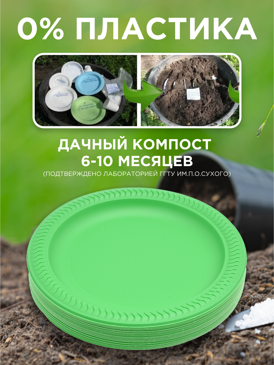 Тарелки одноразовые биоразлагаемые 50 шт, диаметр 23 см, цвет зеленый - фотография № 3