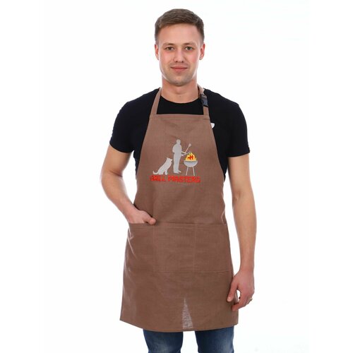 Фартук кухонный с вышивкой, лен (Гриль Мастер, капучино)