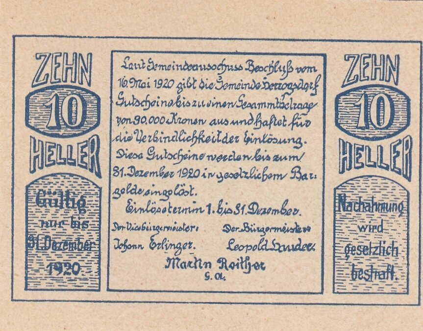 Австрия, Херцогсдорф 10 геллеров 1920 г. (№1) (2)
