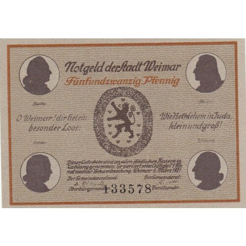 Германия (Веймарская Республика) Веймар 25 пфеннигов 1921 г. (№3) (2) банкнота нотгельды германия 25 пфеннигов 1921 год серия веймар купюра бона