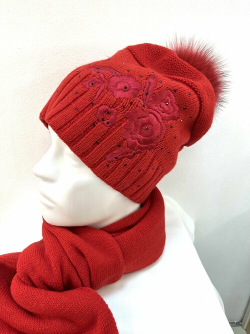Комплект FORTI Комплект шапка + шарф женский зимний зимний, шерсть, размер OneSize, красный