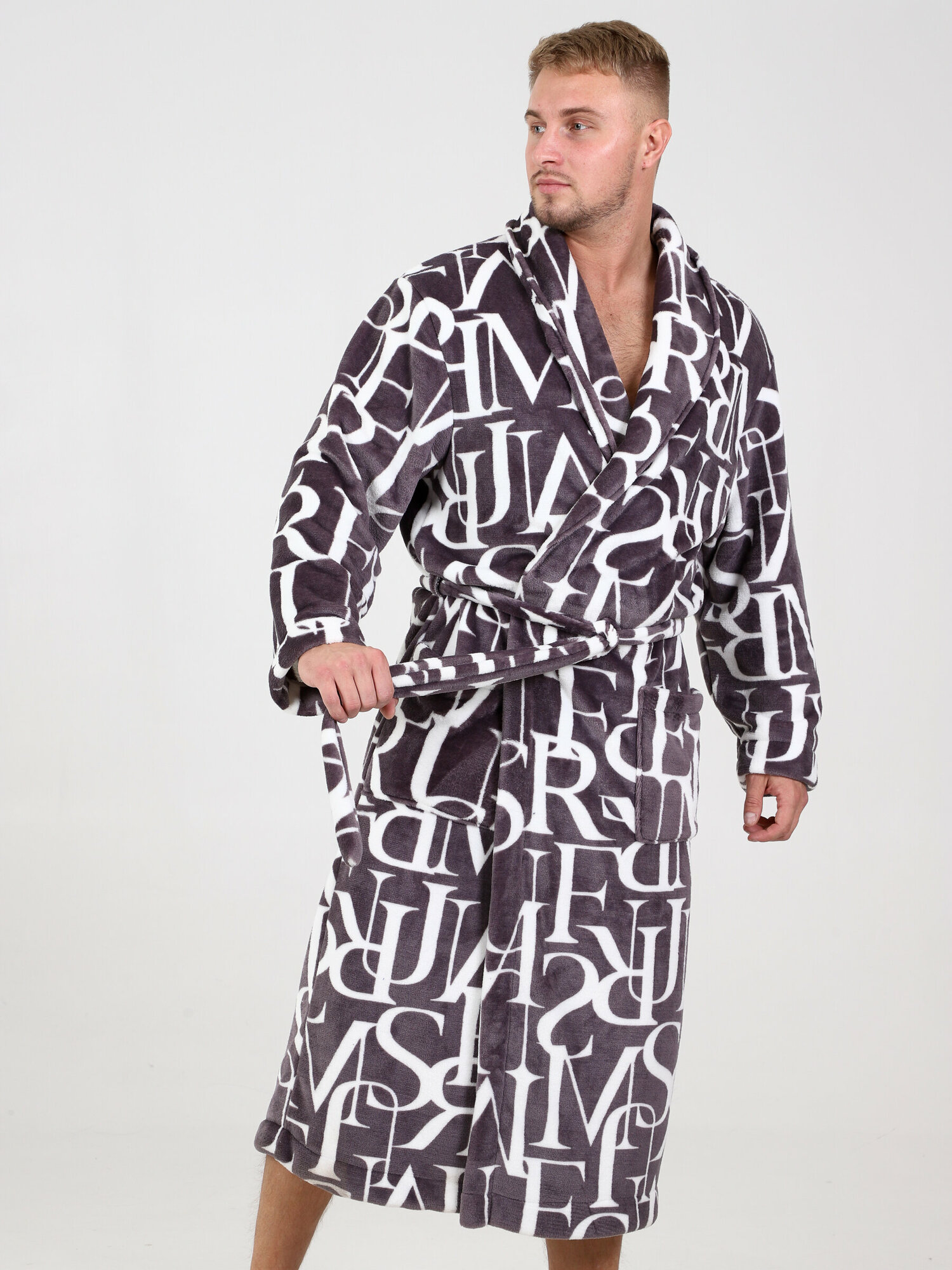 Халат IvCapriz, длинный рукав, пояс/ремень, утепленная, карманы, трикотажная, банный халат, размер 48, белый, коричневый - фотография № 6