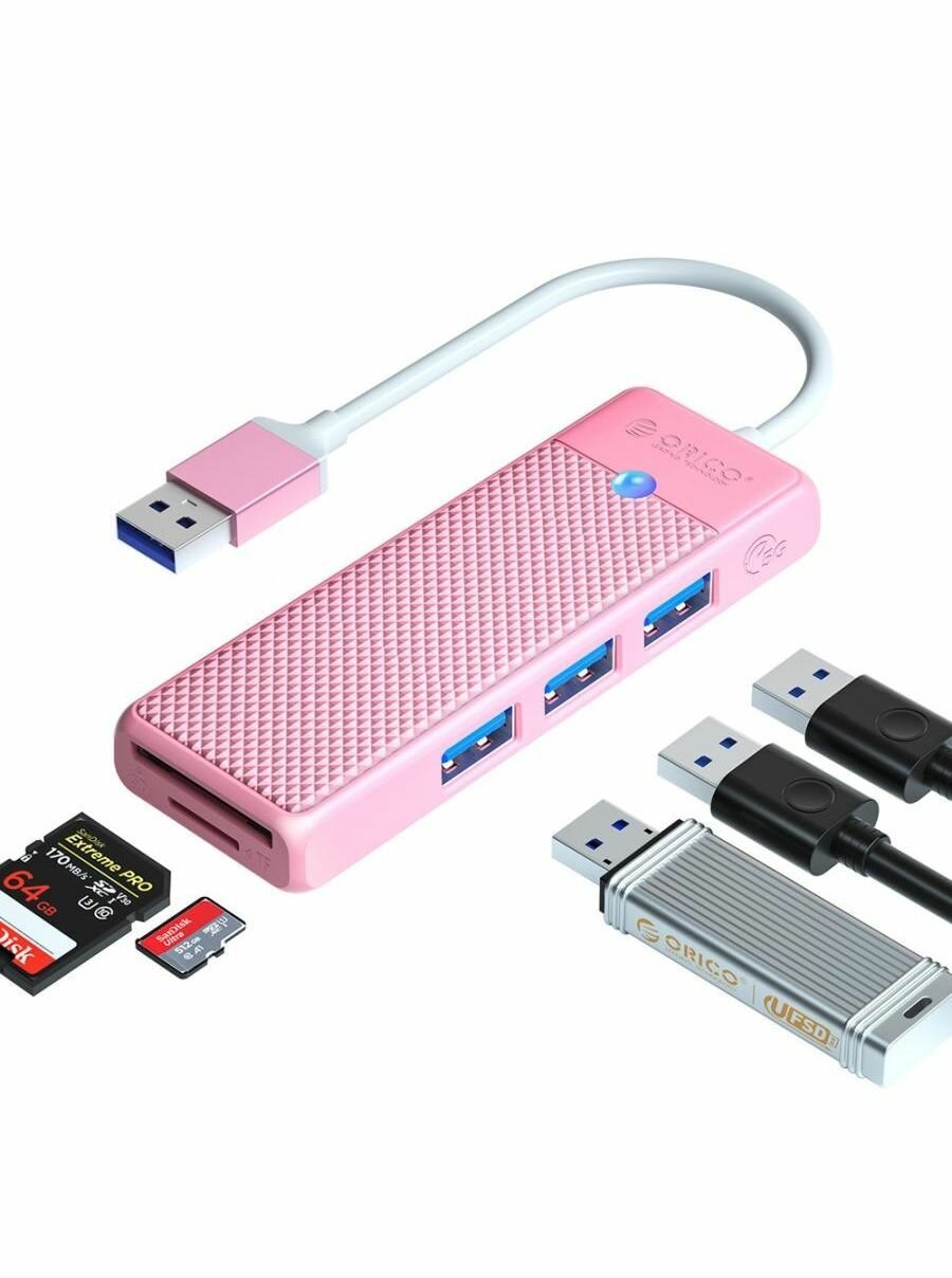 Концентратор ORICO USB-A с 3x USB-A, слотом для SD и Micro SD, розовый (ORICO-PAPW3AT-U3-015-PK-EP)