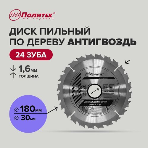 Диск пильный по дереву Антигвоздь 180 мм 24 зубьев, Политех Инструмент