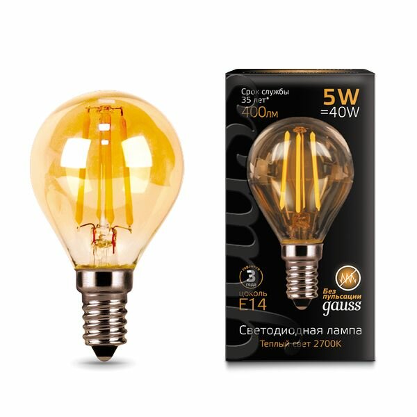 фото Лампа LED Gauss Filament Шар 5W 400lm 2700К Е14 golden
