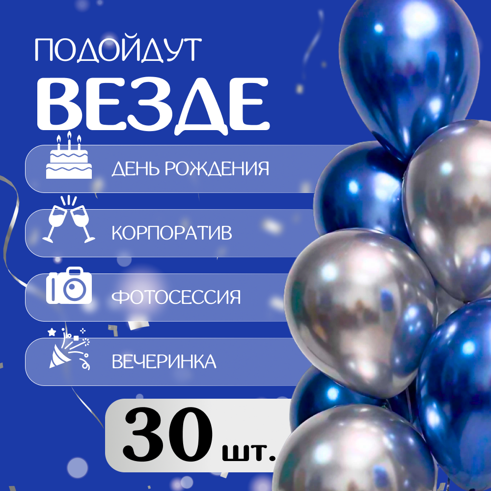 Шарики воздушные хром на день рождения для мальчика, украшение для фотозоны, 30 шт (синий и серебро)