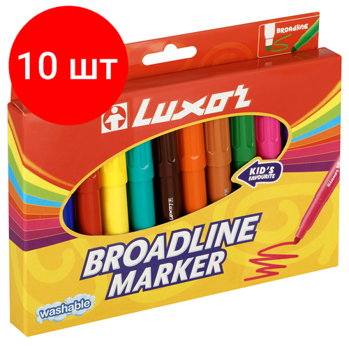 Комплект 10 шт, Фломастеры Luxor Broadline, 12цв, утолщенные, смываемые, картон, европодвес