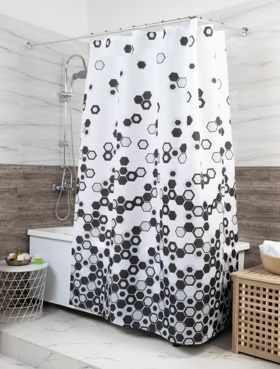 Штора для ванной Miranda Троя 180х200 см, бело-черная без колец