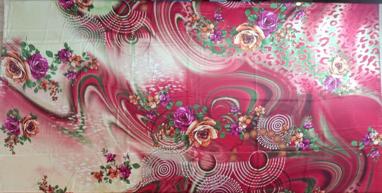 Атлас с цветочным и абстрактным принтом в бордово-желто-зеленом